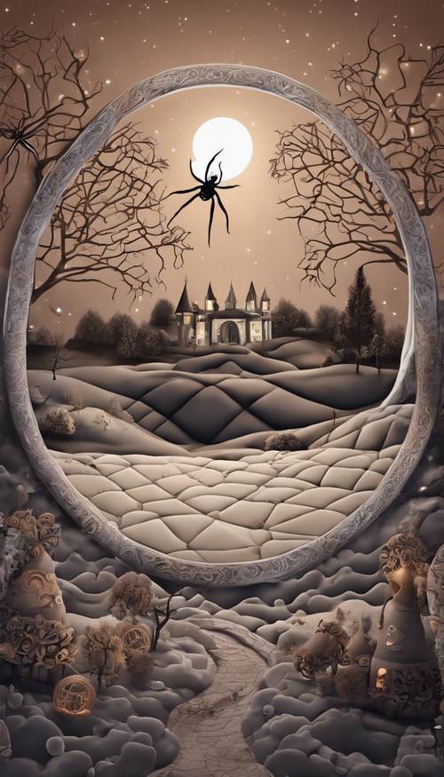 Uma paisagem acolchoada sob uma lua crescente caprichosa, com símbolos de bruxas como aranhas e caldeirões pontilhando o cenário.