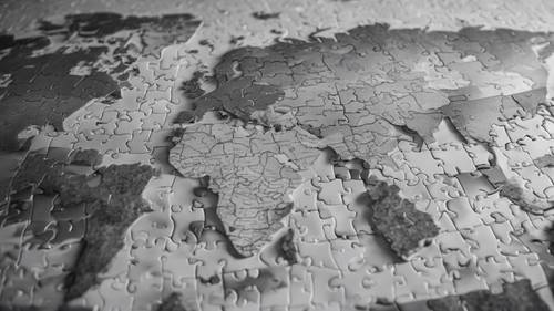 A grayscale world map creatively depicted on a jigsaw puzzle.