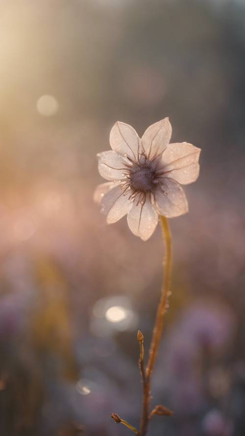一朵小巧精致的波西米亚风花朵，其色彩反射着清晨的阳光。