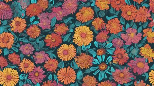 70年代風の花柄が、ユニークな形の花を幻想的なカラーで華やかに表現された壁紙