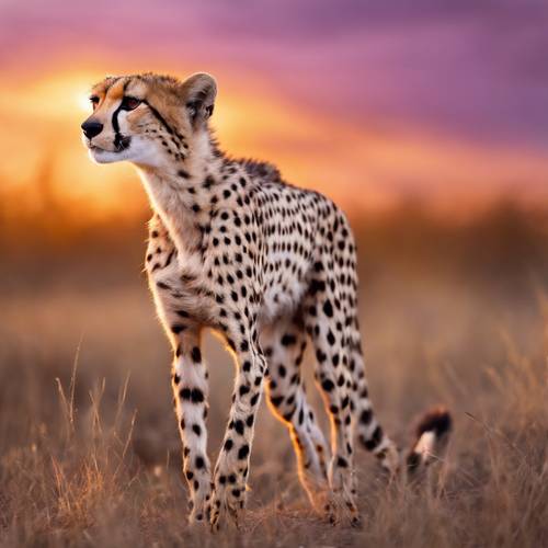 Энергичный молодой гепард с игривыми фиолетовыми пятнами на фоне оранжевого заката.