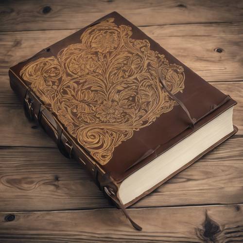 A brown leather-bound notebook with a gold embossed Scandinavian floral design.