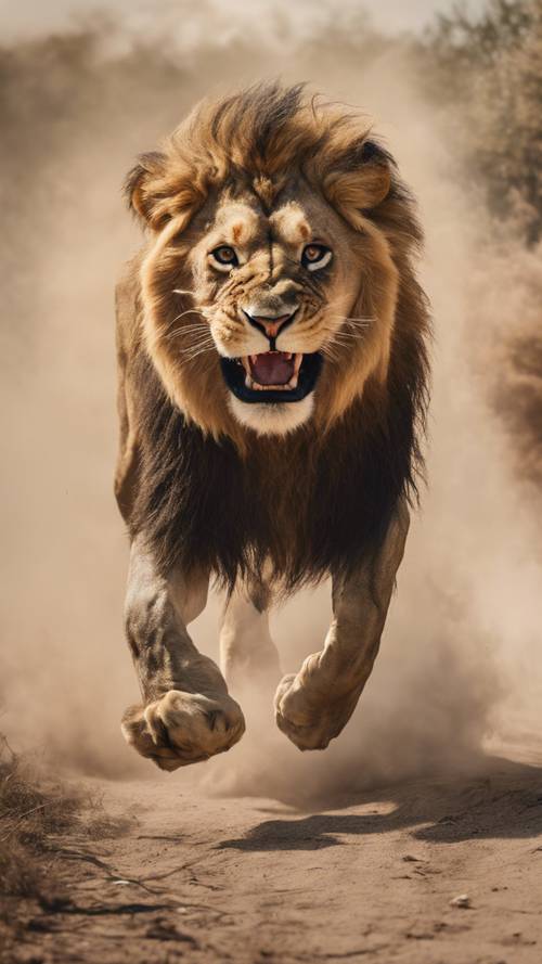 A fierce lion charging, bearing his teeth, as dust is kicked up in his path.