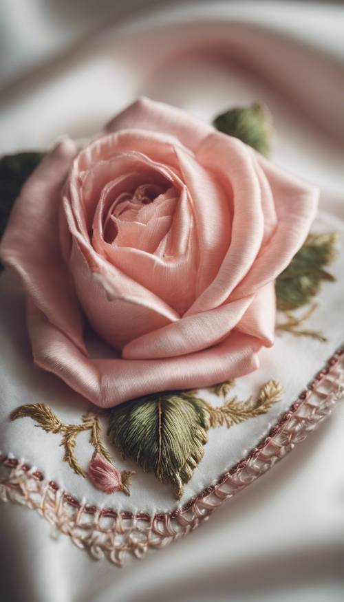 Rosa vintage bordada elegantemente na ponta de um lenço de cetim.