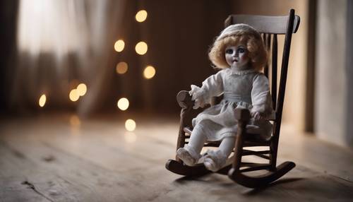 A creepy porcelain doll sitting alone on a wooden rocking chair in a dim-lit room.