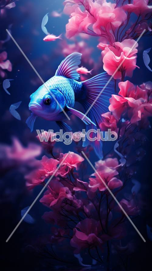 ピンクの花の中の青い魚-可愛らしい壁紙