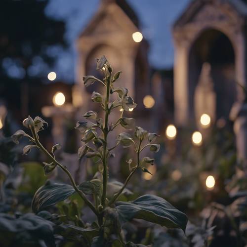 Tampilan jarak dekat dari tanaman nightshade yang mekar di bawah sinar bulan di taman gotik yang dihiasi patung.