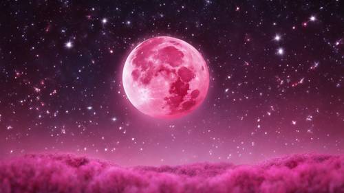 Uma lua rosa vibrante contra uma tela de estrelas cintilantes.