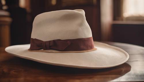 Elegante chapéu de linho creme em cima de uma antiga mesa de mogno.