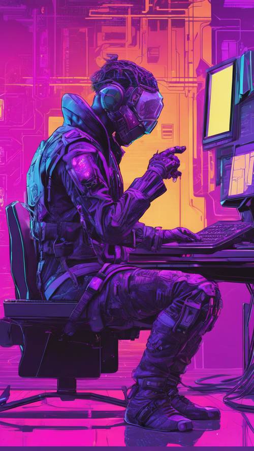 Un hacker futuristico, vestito con un equipaggiamento cibernetico viola illuminato al neon, seduto al terminale di un computer.