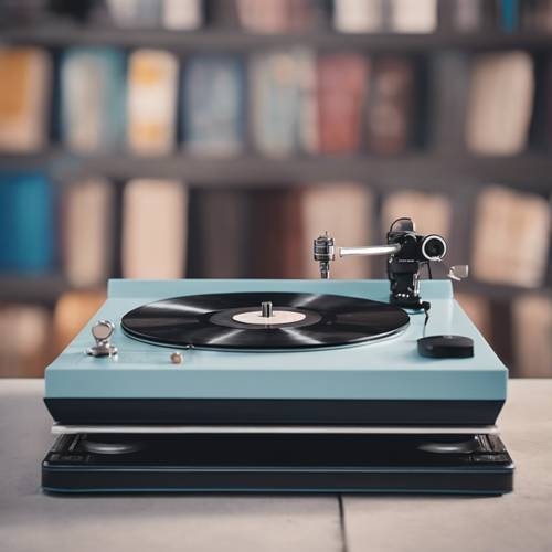 一张淡蓝色的黑胶唱片在老式唱机转盘上旋转。