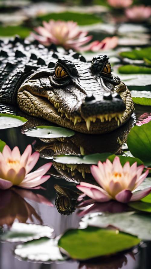 Un crocodile tapi sous une couverture de nénuphars, attendant le bon moment.