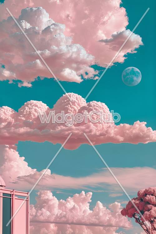 Розовое небо и пушистые облака с луной