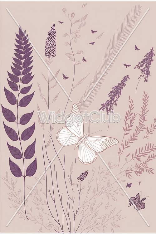 Farfalle e illustrazioni floreali su sfondo viola