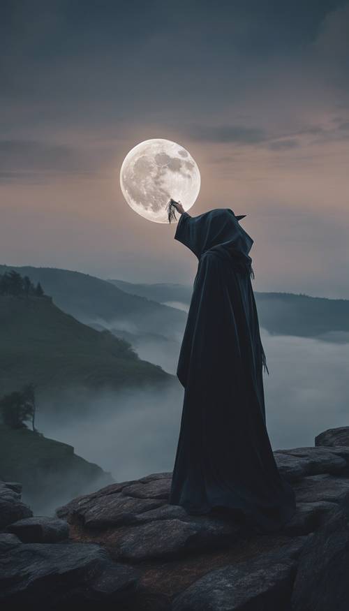 Uma cena estranhamente iluminada mostrando uma bruxa encapuzada praticando sua magia lunar em um penhasco enevoado, com uma lua cheia luminosa no céu dramático atrás dela.