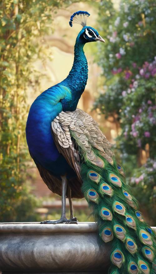 Un classico dipinto a olio di un pavone elegantemente appollaiato su una fontana da giardino.