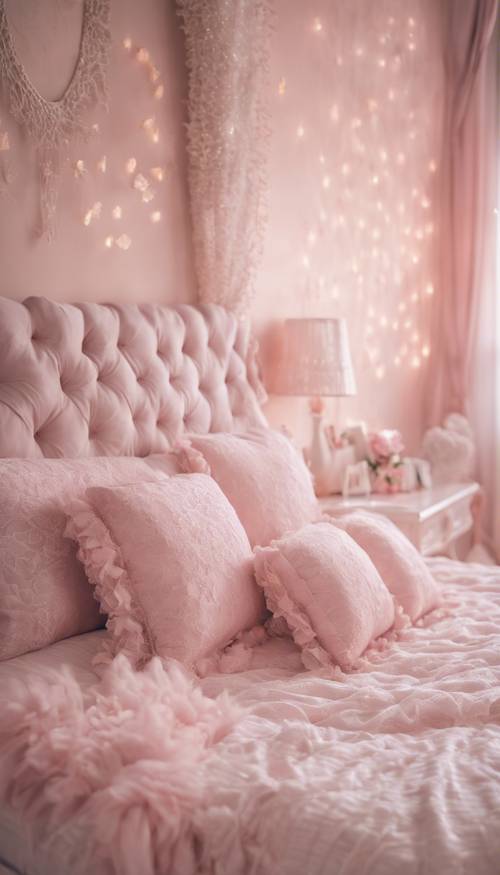 梦幻般的淡粉色卧室，里面摆满了蓬松的枕头和蕾丝。