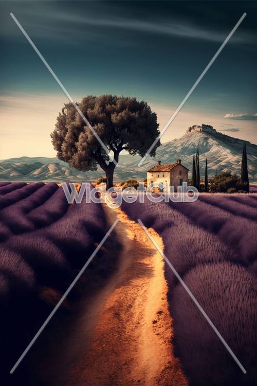 Ladang Lavender dan Pohon Kesepian Mengarah ke Rumah Gunung