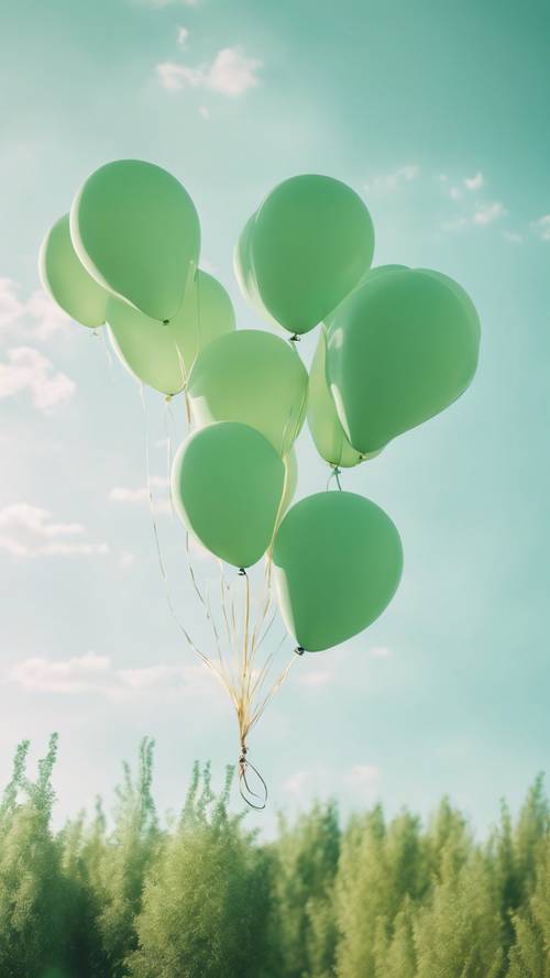 Pastellgrüne Luftballons fliegen an einem strahlend sonnigen Tag vor einem gleichfarbigen Himmel.