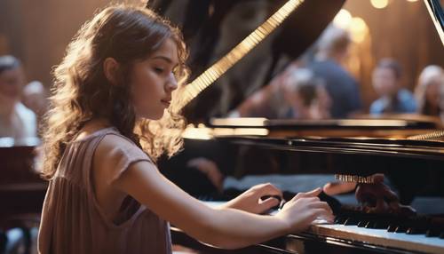 A girl playing a delicate tune on a grand piano on a broadway stage.