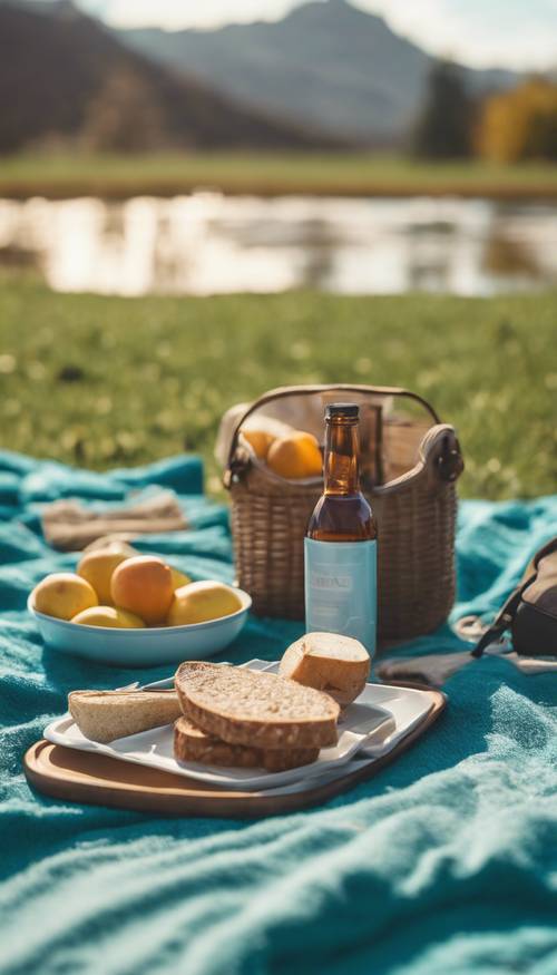 A peaceful picnic setup on a bright teal grassy plain. Tapet [3230f75bd72d4eb9bbe3]