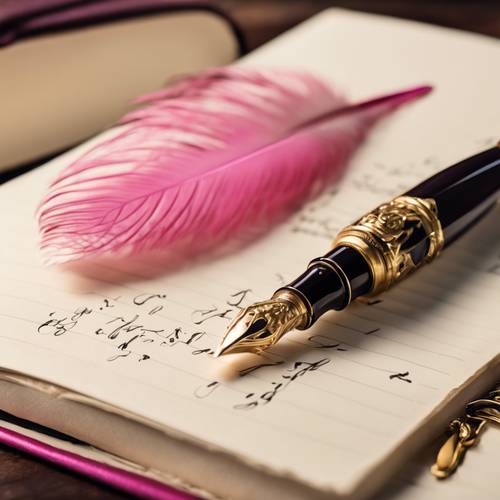 Una penna stilografica vintage con pennino dorato e piuma rosa, in bilico su un diario aperto.