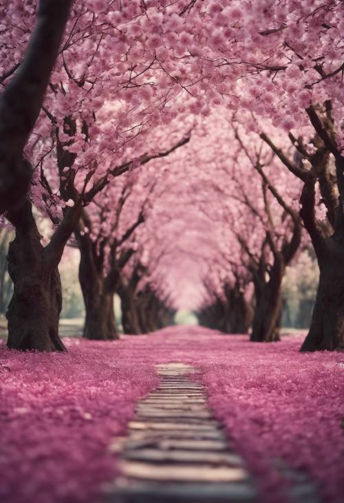 A pathway through a dark cherry blossom forest, covered with petals.