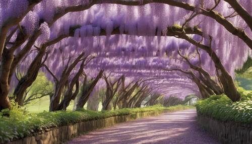 A vivid illustration of a wisteria tunnel in complete bloom during a spring morning.