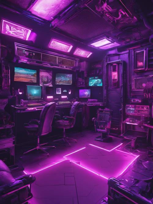 Una toma de gran angular extremo de una sala de juegos con temática negra y violeta.