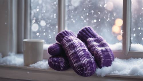 雪の窓辺に置かれた紫色のチェック柄の手袋