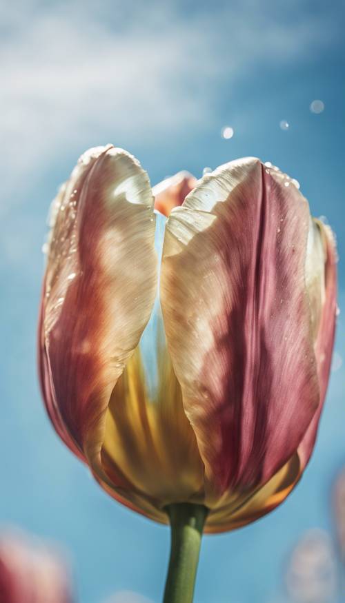 Uma vista de perto de uma tulipa beijada pelo orvalho florescendo intensamente contra o céu azul da primavera.