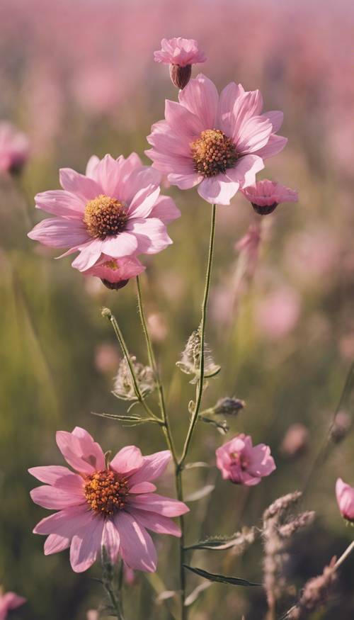 Wildflowers in various shades of pink blooming in a sunny plain. Tapeta [24ad71ef536e4ae287b9]