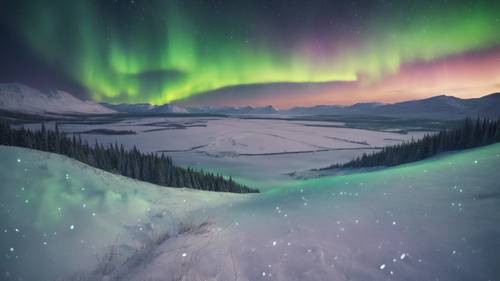 Un paesaggio innevato e silenzioso sotto l&#39;aurora boreale, con la citazione &quot;Il dubbio uccide più sogni di quanto possa mai fare il fallimento&quot; incisa nell&#39;aurora.