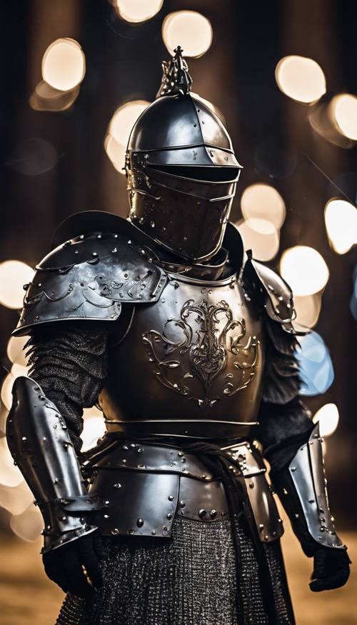 A armadura de um cavaleiro de aço preto brilhando ao luar.
