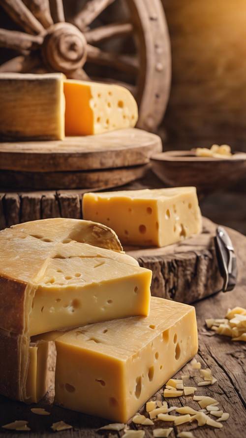 Une grande meule de fromage cheddar frais, jaune et vieilli sur une table rustique en bois.