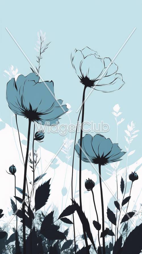 Flores azules y cielo estilo de arte simple.