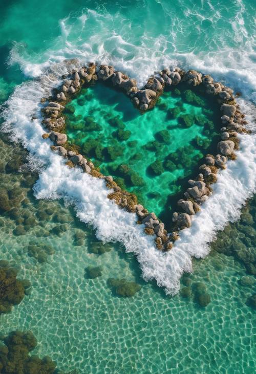 Una barriera corallina a forma di cuore circondata da acque oceaniche verde smeraldo.