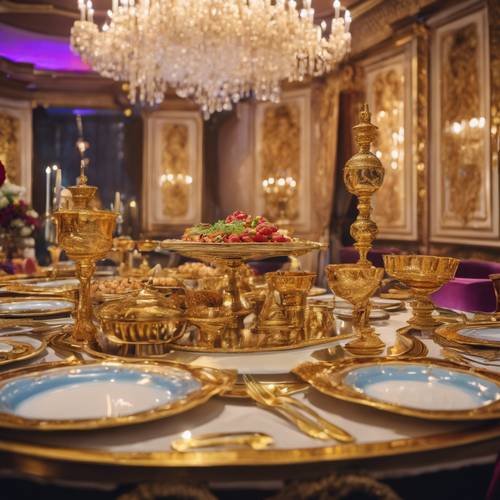 An opulent lavish royal feast table adorned with golden tableware and an array of colorful food.