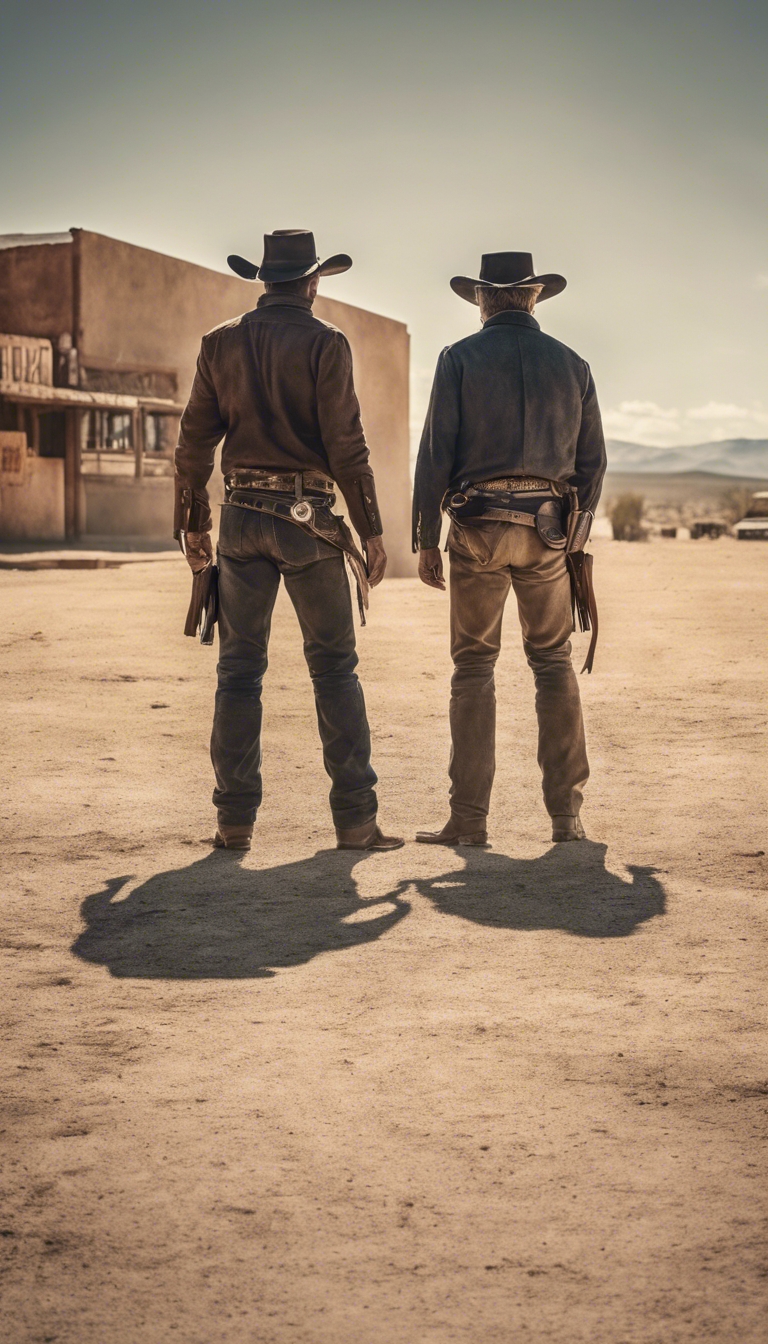 A view of an epic shootout between two lone cowboys at high noon in a desolate western town. Taustakuva[320f432c35b84353abde]