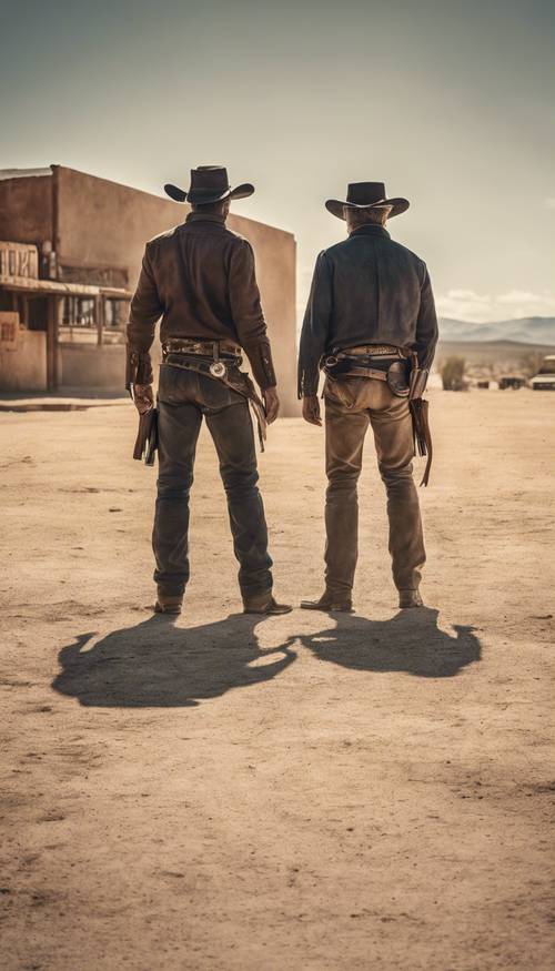 Widok na epicką strzelaninę pomiędzy dwoma samotnymi kowbojami w samo południe w opuszczonym miasteczku na zachodzie.