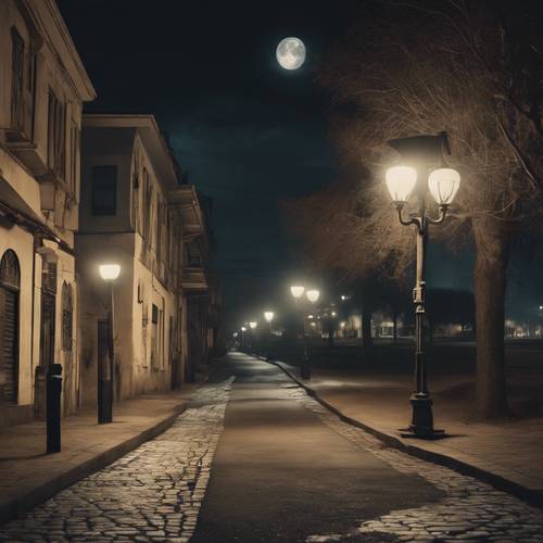 Una calle desierta y misteriosa bajo la luna llena, con sombras largas y monstruosas y farolas parpadeantes.