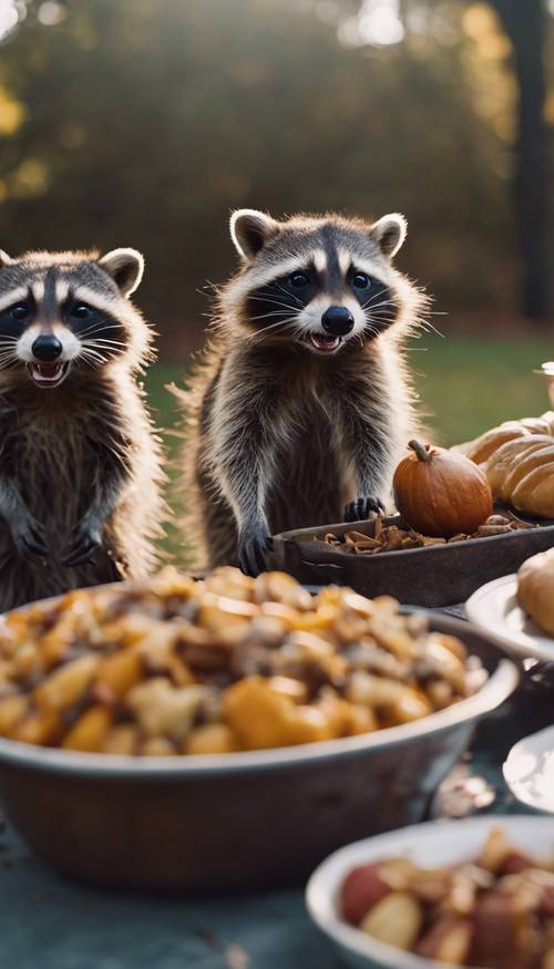 Una escena de una comida de Acción de Gracias al aire libre que es interrumpida por lindos mapaches que se escapan con comida.