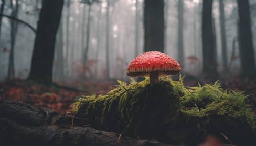 Ein roter Pilz thront auf einem Baumstumpf inmitten eines nebligen Waldes.