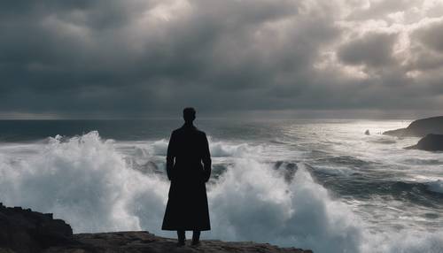 Una figura silueteada vestida de negro, parada en el borde del acantilado, mirando hacia el mar tempestuoso.