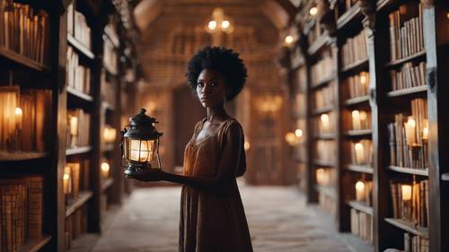 Ein schwarzes Mädchen wandert allein mit einer Laterne durch eine alte, geheime Bibliothek.