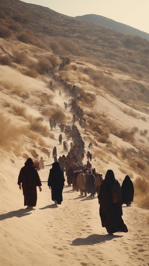 A cluster of pilgrims making their way up the sand-tinted hills to the monastery of St. Catherine.