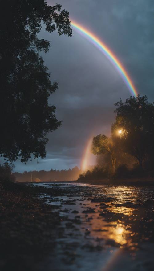 Un paesaggio notturno caratterizzato da un arcobaleno nero che fende l’oscurità.