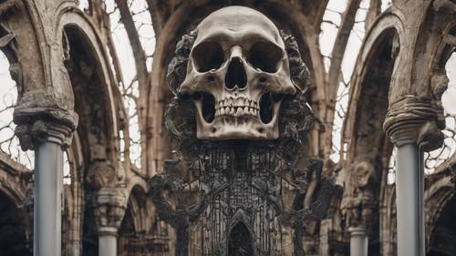 Une structure architecturale gothique en forme de crâne colossal.