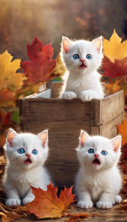 Tre gattini bianchi giocosi e con gli occhi spalancati che giocano con il filo in una scatola di legno rustica circondata da foglie autunnali colorate.