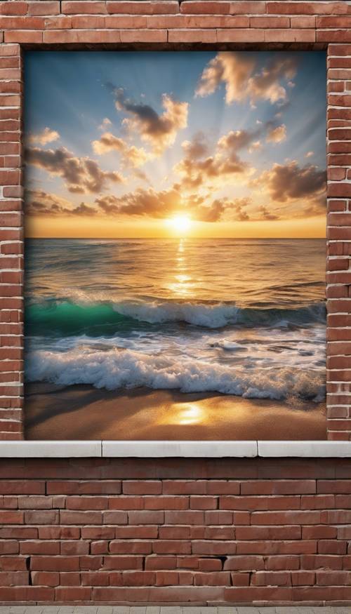 A large mural on a brick wall depicting a sunrise over a peaceful ocean.